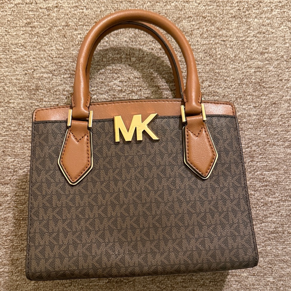 Michael Kors Brown Monogram Satchel with Tan Leather Trim